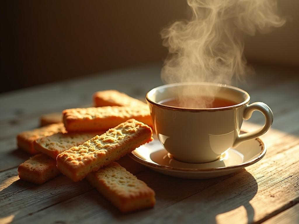 A cozy scene with a steaming cup of tea and biscuits on a wooden table, warm morning light, inviting atmosphere, high detail.