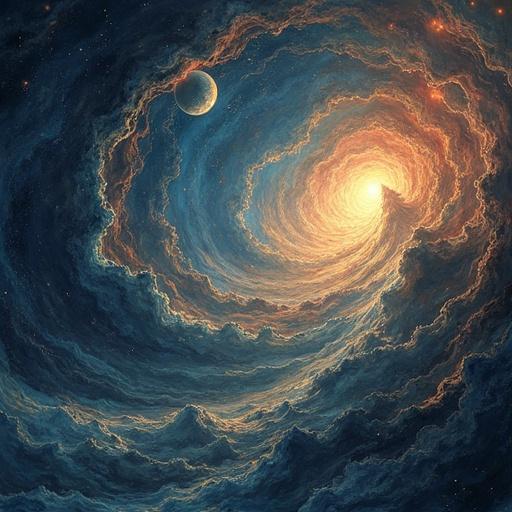 Warping time and space. Abstract representation of cosmic elements. Swirling patterns and glowing light. Depicting time travel and interstellar phenomena.