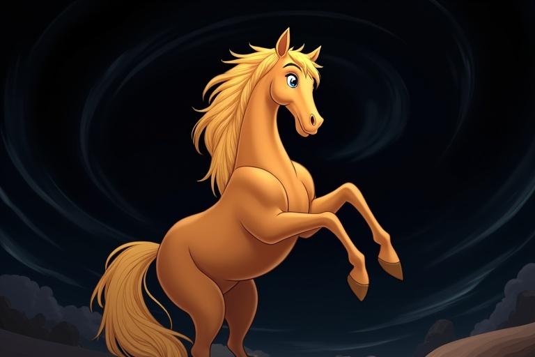 A majestic palomino horse rears up against a swirling dark background in an anime style.