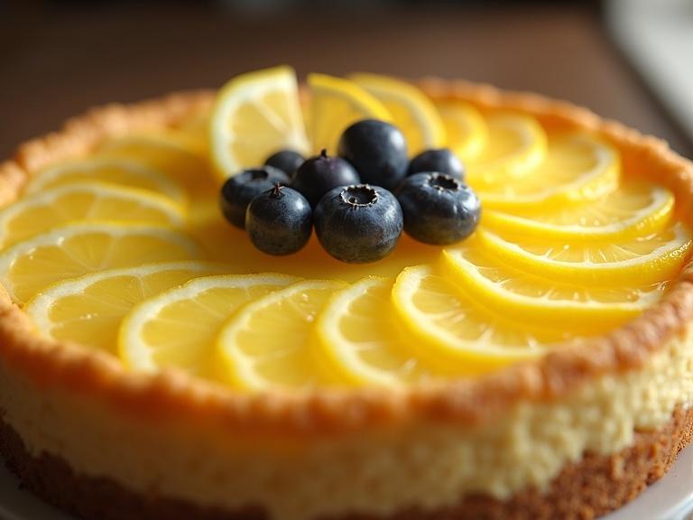Photorealistic image of a lemon cheesecake with lemon slices and blueberries on top. Closeup view from a high angle. Sharp focus and excellent lighting showcasing details.