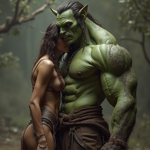 An Orc character and a female figure share an intimate moment in a forest setting. The Orc is tall and muscular with green skin, while the female figure has a natural, adventurous appearance.
