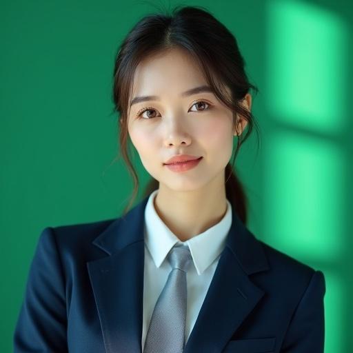 A beauty with a highly corporate image. Delicate facial features. Confident and amiable face. Eyes reveal professionalism and wisdom. Wearing a tailor-made high-end suit in classic dark blue. Paired with a white shirt. Simple silver tie shows competence and elegance. Simple low ponytail hairstyle with smooth strands. Wispy hairs fall on both sides of her cheeks. Facing the camera. Green background. Sunlight shining through glass creating soft light effects. Professional and grand style. Cool colors highlighting corporate image.