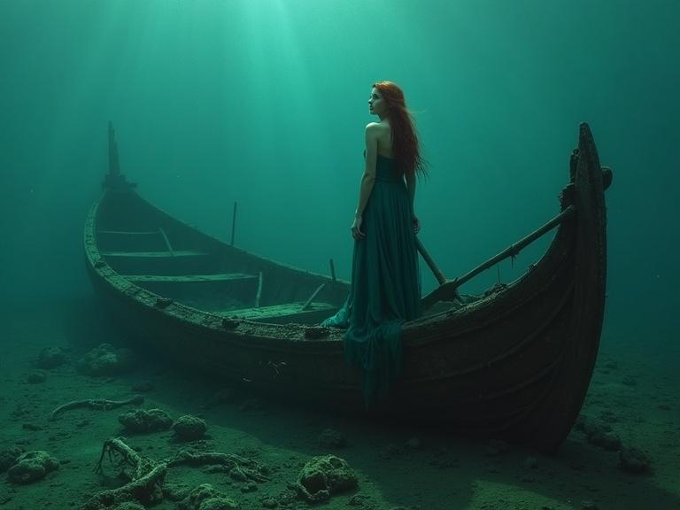 A woman stands in a sunken ship. She has light complexion and long dark red hair. Her expression is serene and determined. She wears a flowing teal-green gown. The ship is weathered and dark brown. The scene is underwater with wreckage. The light shines from above, creating a soft glow. Water textures show motion. The composition centers around the woman. The mood is contemplative and beautiful.