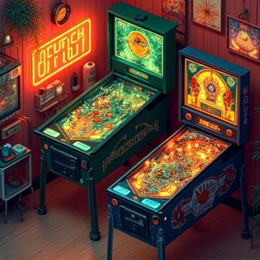 Pinball gaming room with two pinball machines. Isometric perspective. Bright neon green and orange colors dominate the scene.
