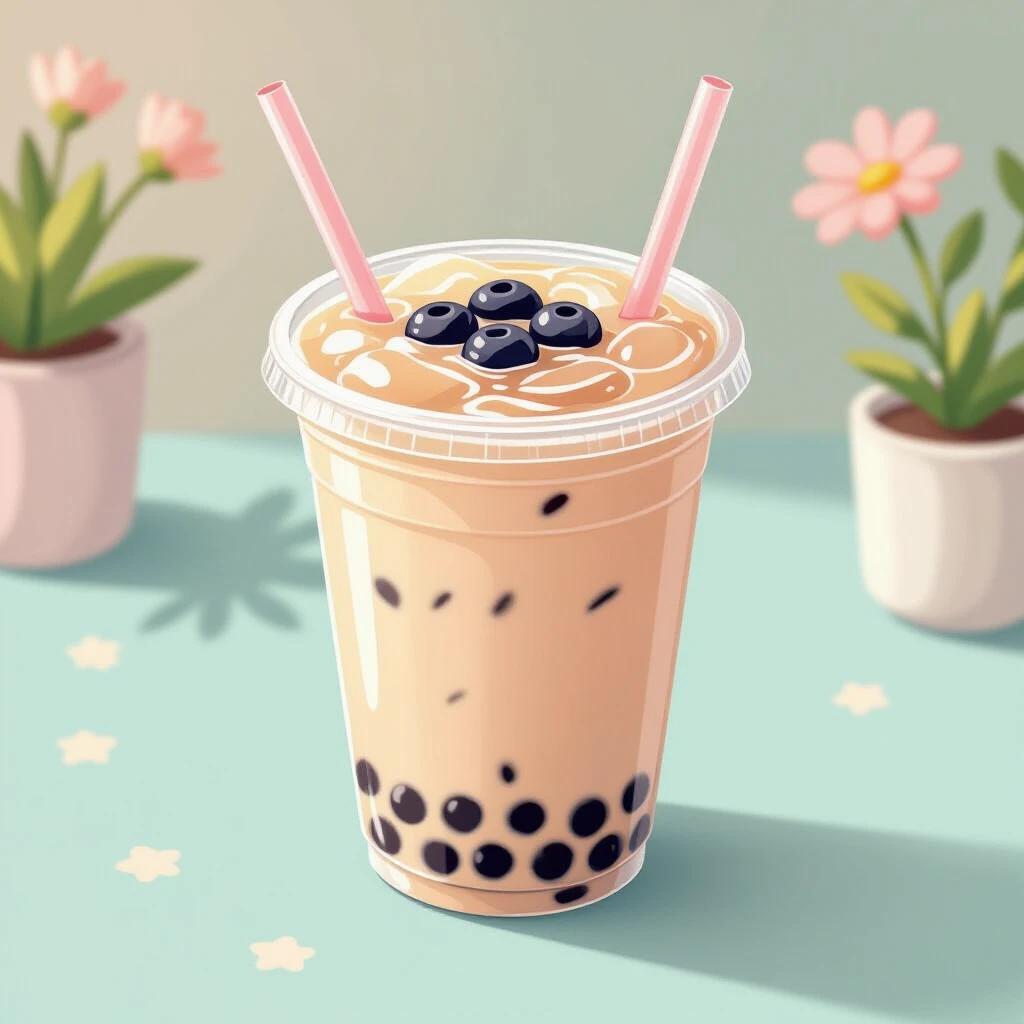 High angle view of bubble tea in clear cup on pastel table. Soft lighting with kawaii style. Minimal background and cartoon aesthetic. 2D digital art.