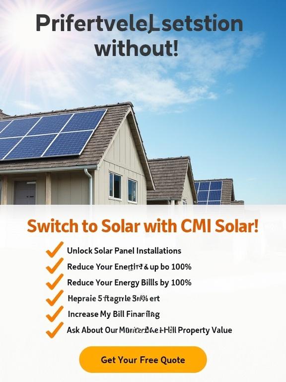 A modern house features solar panels on the roof. A clear blue sky with soft clouds appears in the background. The scene is illuminated by bright sunlight. Text promotes solar energy solutions. Clean and professional appearance. Visual emphasis on energy savings and property value.
