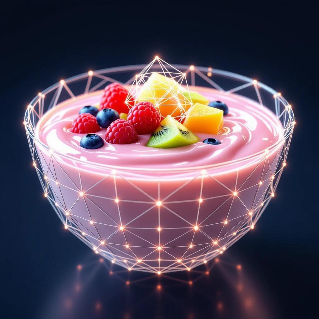 Minimalist smoothie bowl glowing with geometric fruit shapes. Base features soft, diffused glow in wireframe. Dark digital background enhances vibrancy.