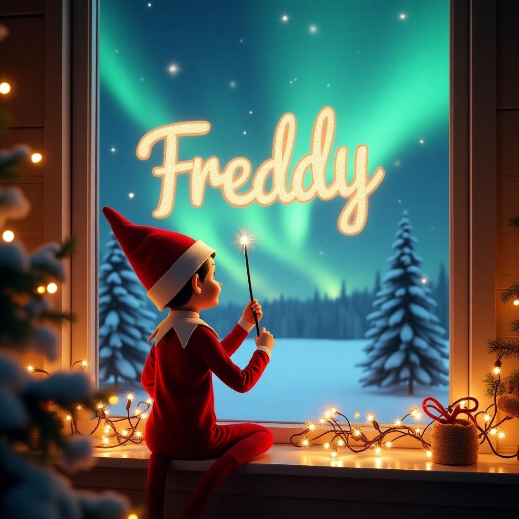 Charming elf seated on a window ledge facing a magical winter scene. Elf uses a wand to write 'Freddy' in sparkling letters. Background features stunning northern lights. Elf dressed in traditional red outfit with pointed hat. Surrounded by cozy Christmas decorations and snow-covered trees outside.