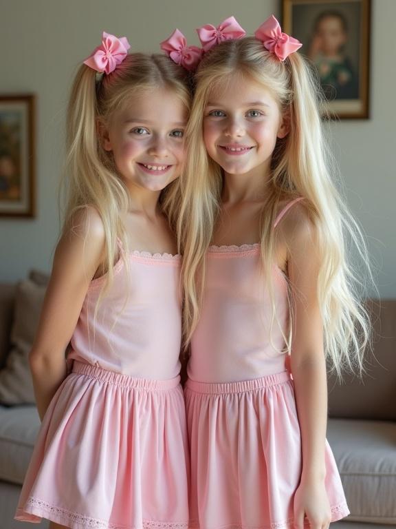 Real birthday photo featuring two beautiful girls with long blonde hair styled in lush twin tails. They are wearing pink dresses and bows sitting in a cozy living room. The girls are smiling, embodying youth and joy, captured in a casual setting with low resolution and bright colors.