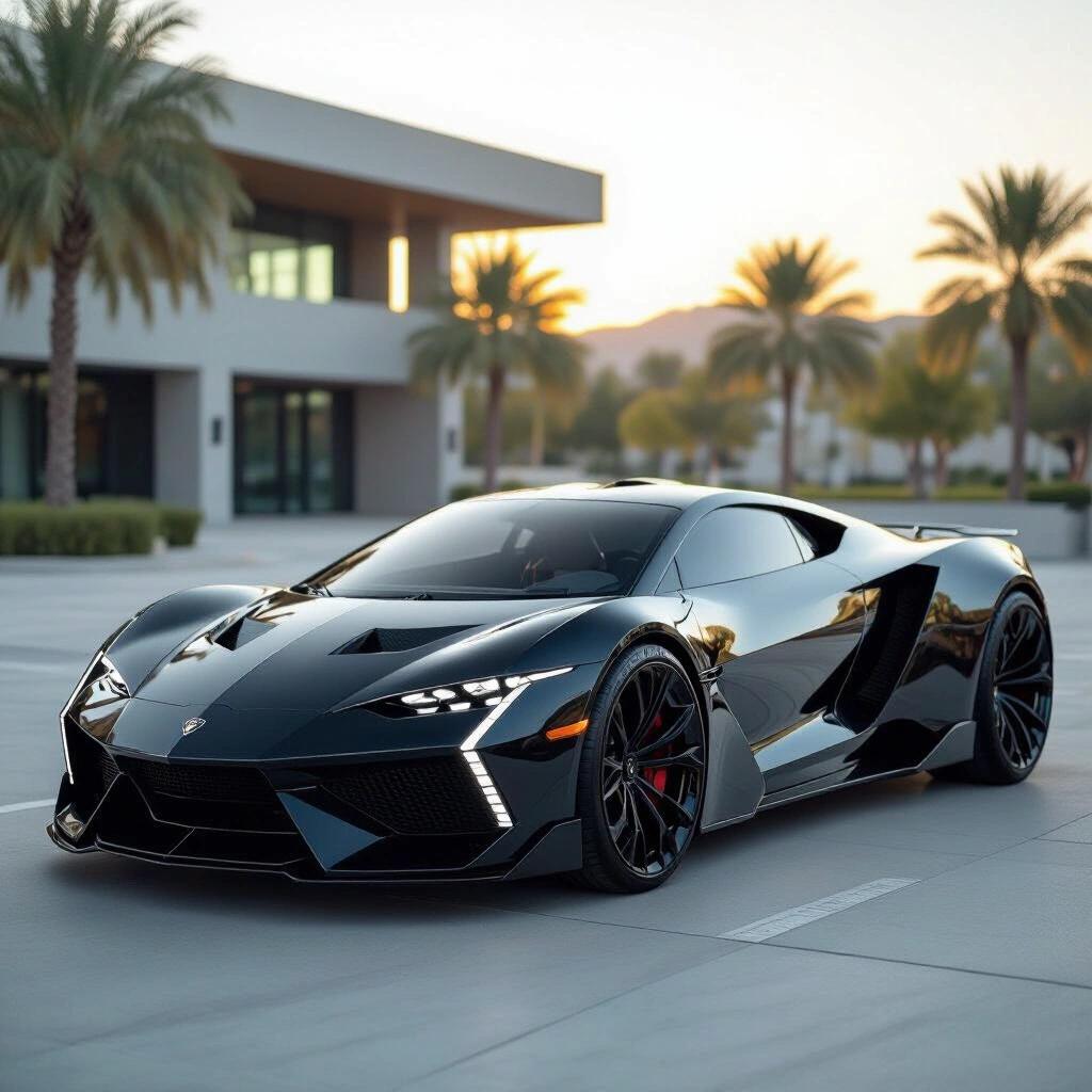 A parked angular dual black tone concept futuristic funny car. Raw photo showing deep grooves. Features of Lamborghini and Bugatti.