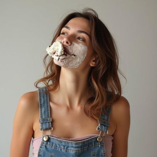 Woman wears overalls. She pies herself in the face with a whipped cream chocolate pie. Funny scene with whipped cream on her face.
