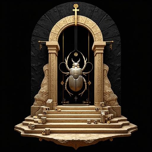 Create a detailed and artistic design for a fictional online casino called JESSCAS. Include a grand arch or throne made from card suits and dice. Add a stylized scarab beetle with inlaid symbols. Optionally include a lion or sphinx head. Arrange floating playing cards. The name JESSCAS should look like a sacred deity inscription at the center. Maintain a symmetrical and sharp style with a transparent background.