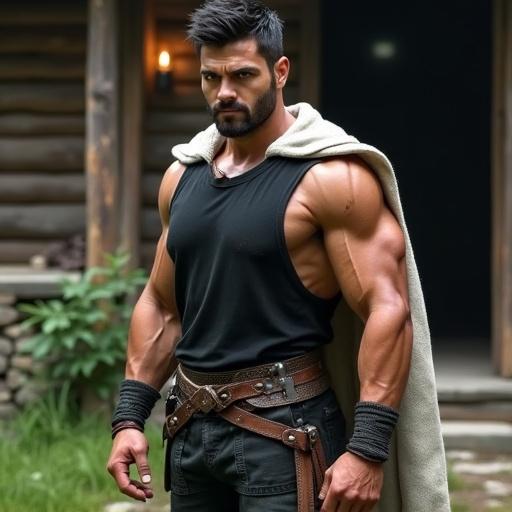 Ultra-realistic tall muscular man broad shoulders athletic powerful physique. Short messy spiked black hair sharp dark eyes strong intimidating gaze. Tanned skin rugged masculine facial features square jawline slight stubble. Wearing loose black sleeveless shirt dark worn pants heavy boots thick leather belt with sword hanging from waist. Rough worn white cloak draped over shoulders. Relaxed but imposing pose smirking expression showing charisma fearlessness hint of mystery. Background rustic headquarters of Black Bulls guild wooden walls stone base chaotic battle-worn appearance surrounded by greenery. Atmosphere gritty alive matching spirit of guild. Natural lighting emphasizing detailed skin fabric textures muscle definition. Hyper-realistic cinematic mood full-body framing dynamic natural scene.