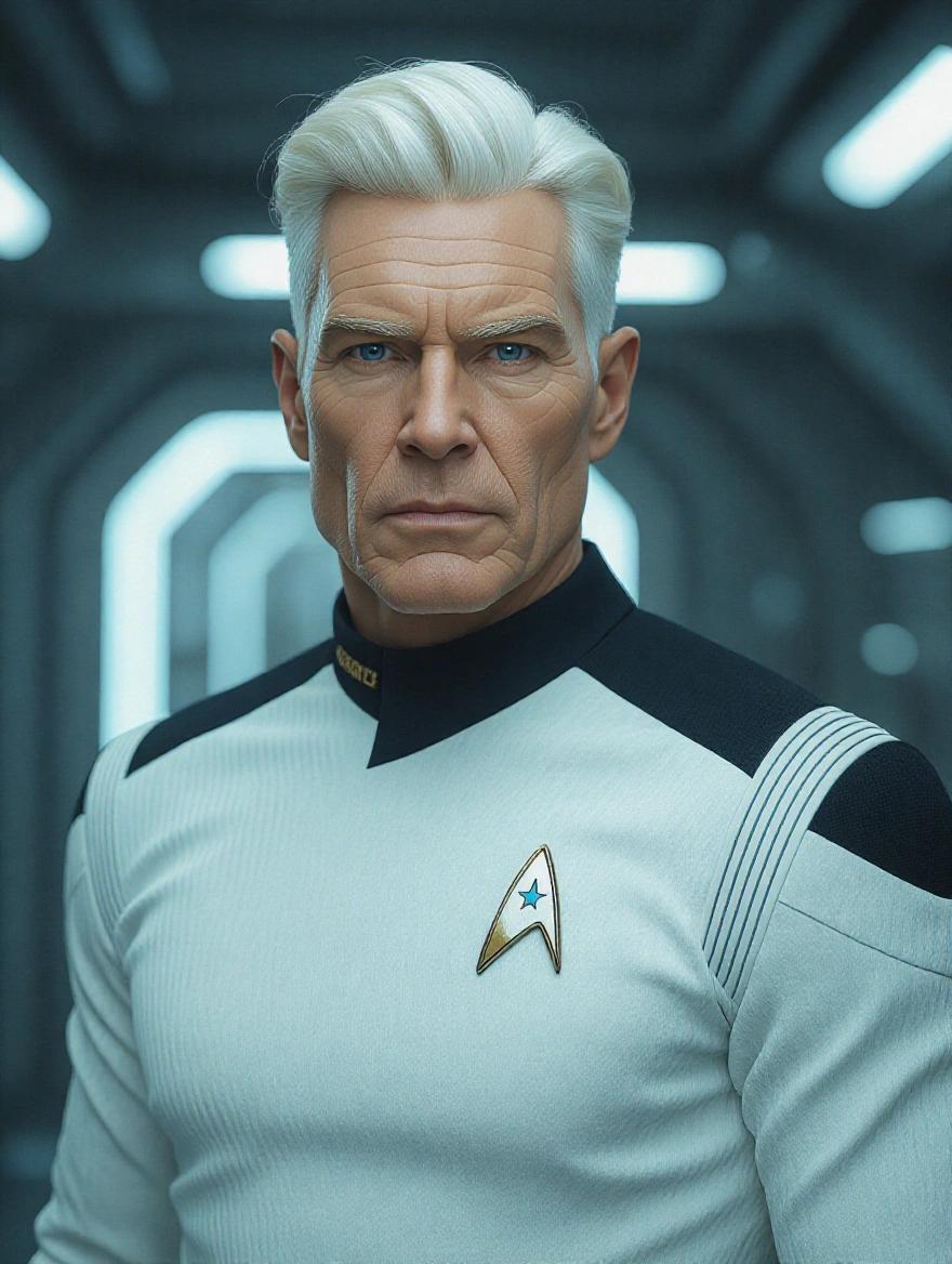 Hyperrealistic character in Star Trek clothing. Nordic man with white hair. Very muscular body with big hips and long legs. Scene features ultra futuristic ambient lighting and details. Charakter gaze is serious and intense. Full body shot captured from low angle.
