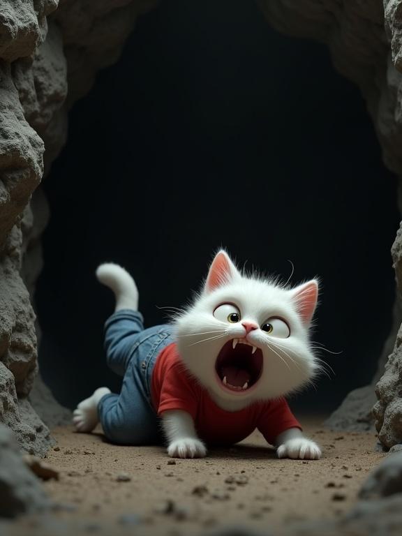 A cute fluffy white anthropomorphic cat wearing a red t-shirt and blue jeans is dramatically fallen on the dirt ground inside a dark cave. The cat's mouth is wide open in a silent scream of terror. Eyes are wide with fear. Paws are splayed out. The cave has rough dark rock walls. The lighting is dark with a harsh source illuminating the cat's face. The atmosphere conveys fear and claustrophobia. High-quality 3D digital illustration in animated movie style.