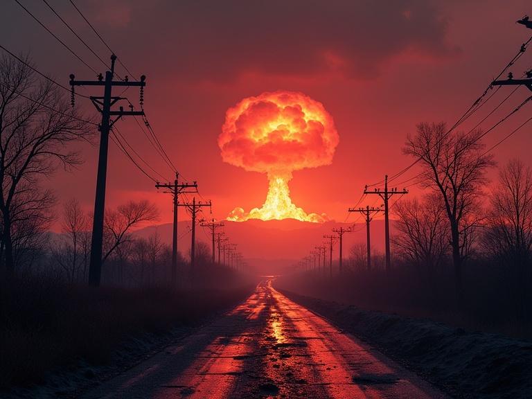A devastated landscape after a nuclear strike. Twisted power lines crackle with sparks. Fractured roads disappear beneath ash. Skeletal trees stand against a blood-red sky. Distant mushroom clouds loom over collapsed cityscapes.