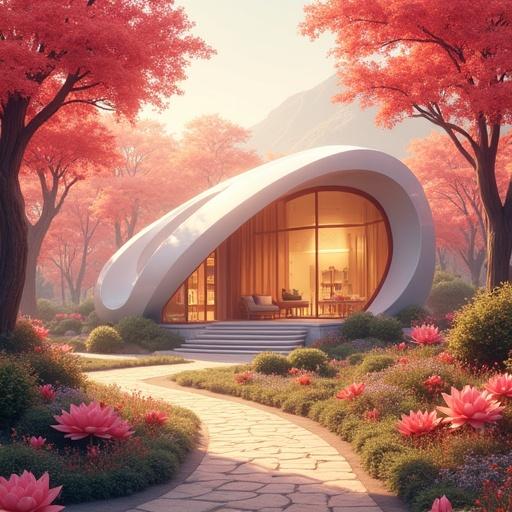 Anime scene depicting a semi-futuristic, modern luxurious village set in a forest with cherry blossoms and lotus flowers. Morning atmosphere with soft lighting.