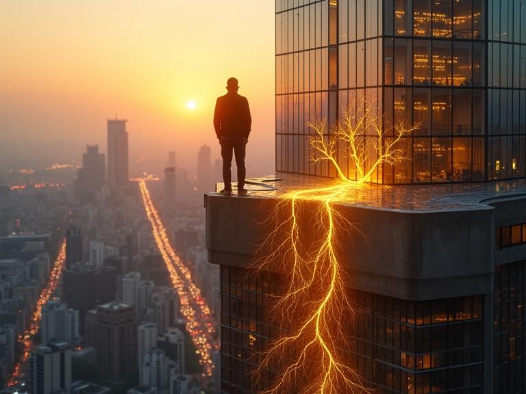 A person stands on a skyscraper rooftop surrounded by glowing roots emerging from their feet made of Sanskrit verses. The vibrant sunrise casts a warm light on the scene. The urban city below is bustling, contrasting with the calm stance of the figure wearing a serene expression.