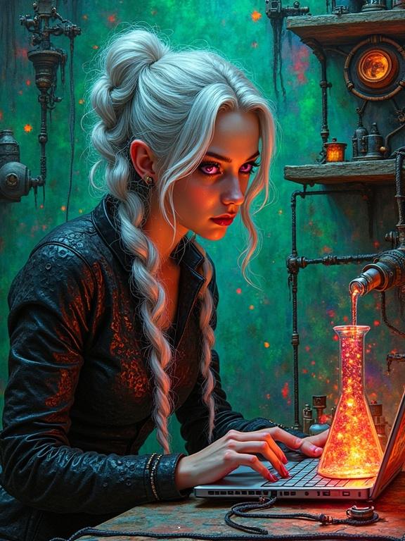 A beautiful steampunk alchemist with long braided silver hair sits at a workbench in a dimly lit laboratory. She is surrounded by bubbling beakers of glowing neon green and orange chemicals. An open laptop is on the workbench. Her expression shows curiosity and determination. The scene has a foreboding atmosphere with shadows on the walls. It blends fantasy and horror in an engaging way.