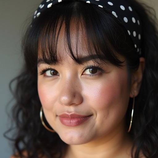 Closeup shot showcases a plus size woman featuring a polka dot hair band and a lip pout. The image emphasizes facial features and expression with natural lighting.