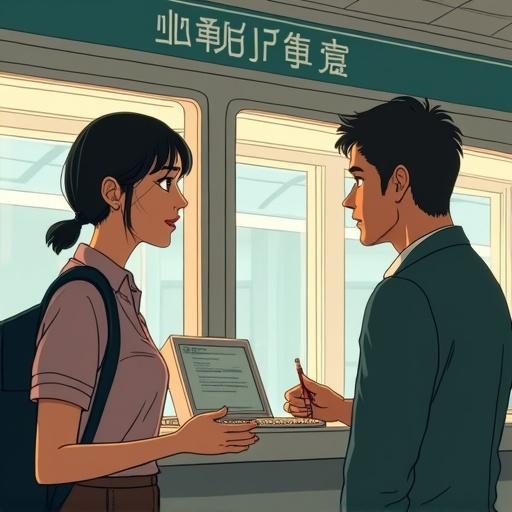 A female MTR staff member wearing a uniform talks to a male passenger in front of a helpdesk. Animated style inspired by Ghibli. Friendly interaction in a bright environment.