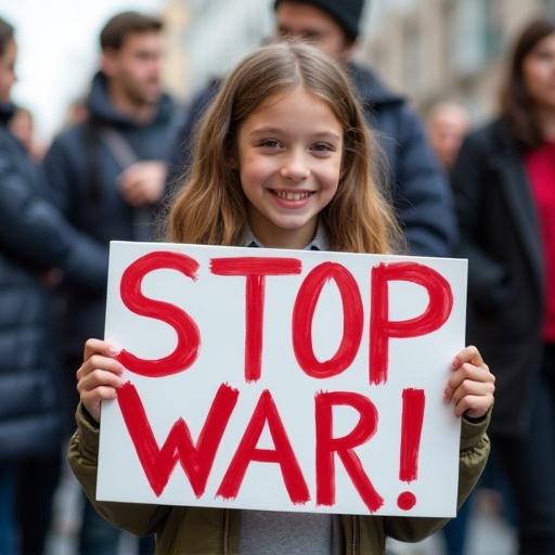 A girl holds a placard that says STOP WAR! Her expression is joyful. The setting appears to be a public demonstration. People are visible in the background.