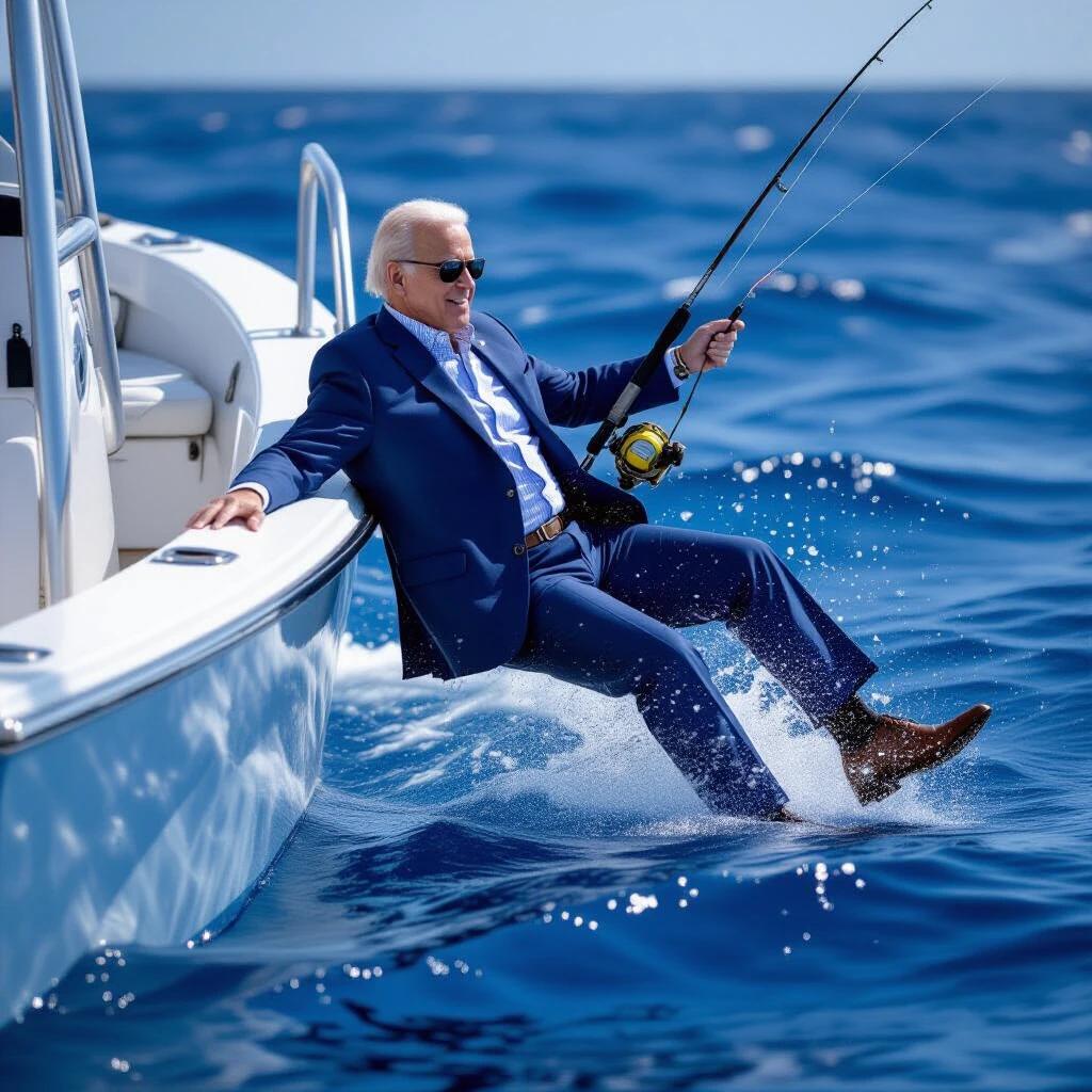 A man wearing a blue suit falls off a boat into the ocean. He is fishing and splashing water. The scene is bright and sunny with a vibrant ocean. The fishing activity is dynamic and engaging.