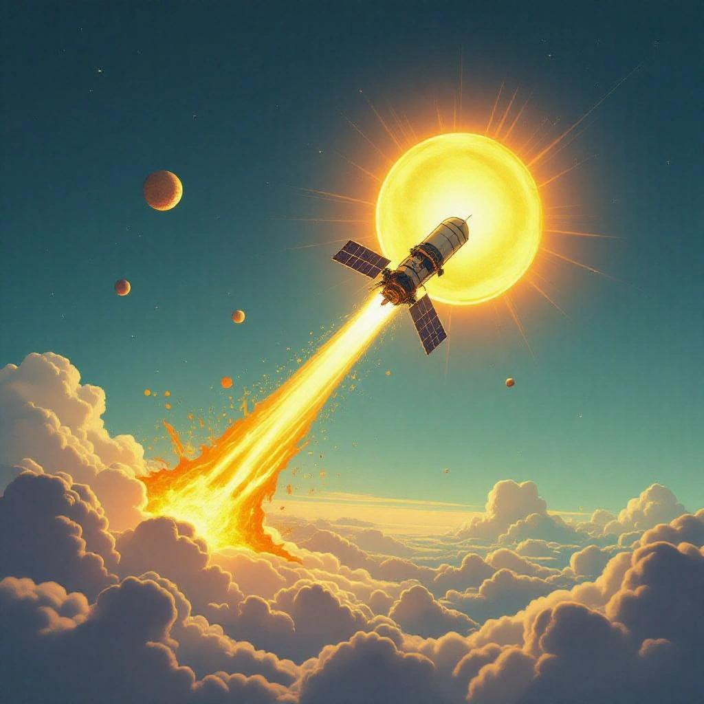 A satellite is ascending towards a glowing sun. The sun is large and bright with flames around the rocket. Clouds surround the scene with celestial bodies in the background.