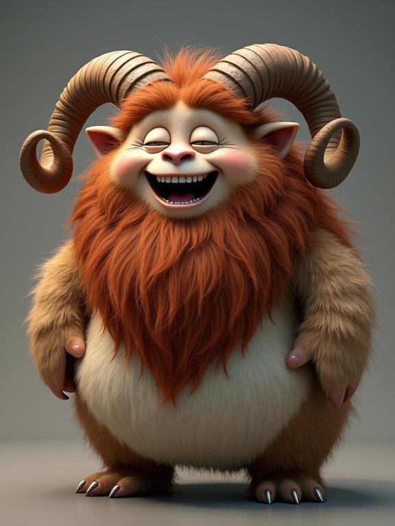 A middle-aged furry creature with a long thick reddish-brown beard and curly brown hair is shown full body. He is chubby with ram horns on his head. His mouth is open in a smile and his chest is hairy.