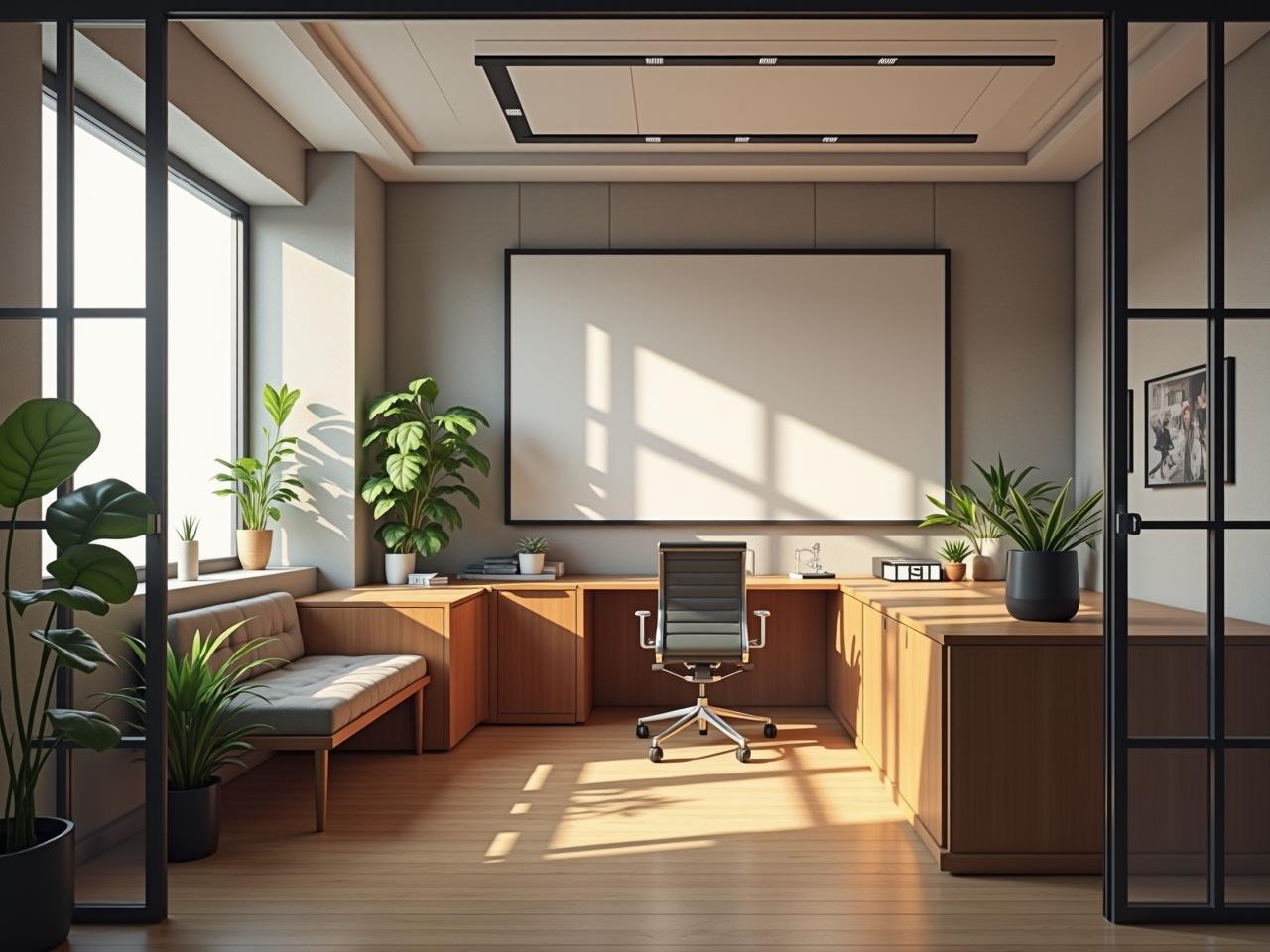 This is a modern office space designed for productivity. It features a spacious layout with large windows allowing natural light to fill the room. The furnishings include a wooden desk, a comfortable swivel chair, and plenty of plants for a touch of greenery. The minimalistic design creates a professional yet inviting atmosphere. The color palette consists of warm woods and neutral tones, enhancing the tranquil ambiance.