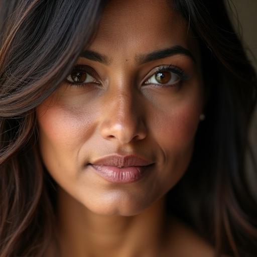 Close-up portrait of a woman from Mumbai India. Focus on facial features and eyes. Soft natural light enhances her beauty.