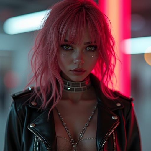 Futuristic character in a cyberpunk setting wearing simple yet stylish clothing. Expression combines innocence and seduction. Skin is fair with natural blush. Image showcases soft lighting and blurred background.