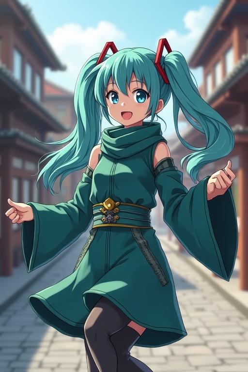 Character dressed in ninja outfit from Konohagakure. Bright green hair styled in twin tails. Dance pose in a village setting. Traditional Japanese architecture in the background. Focus on movement and energy of the character.