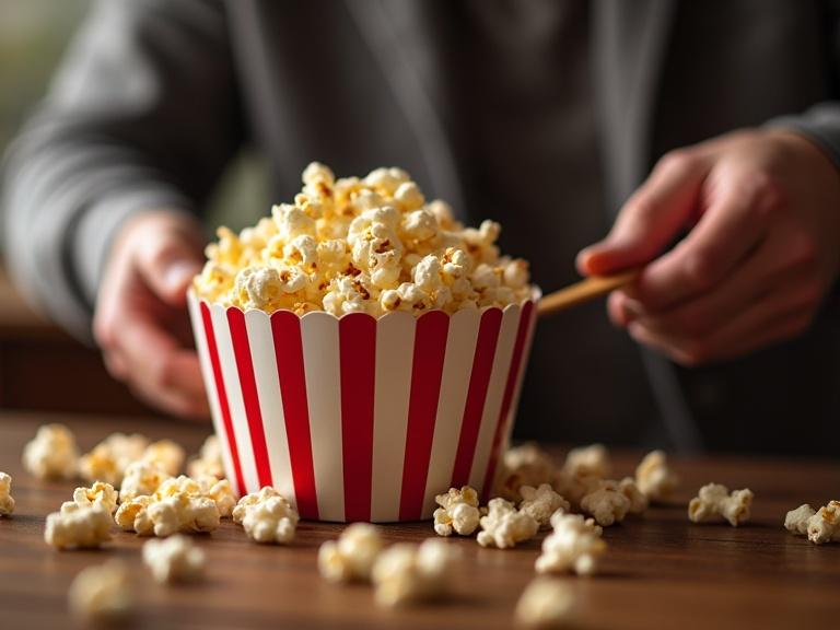 Man eating popcorn from a large striped bowl. Popcorn scattered on a wooden table. Comfortable setting with soft lighting.