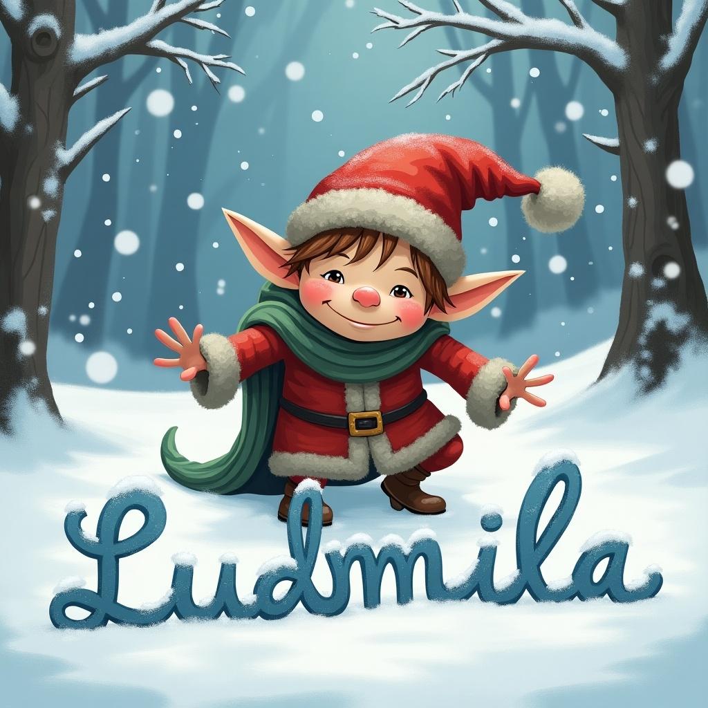 An elf wearing a red outfit and a hat writes the name Ludmila in the snow. Snowy forest background creates a cheerful atmosphere. Elf appears playful and silly.