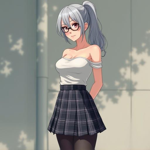Anime style character featuring a 45-year-old woman with gray hair in a ponytail. She has small breasts and wears an off-shoulder tank top and knee-length plaid skirt. Black pantyhose and glasses enhance her look. Captured in a full-body shot exhibiting a shy smile and a subtly sexy pose. Photorealistic style with focus on hair texture, clothing fabric and glasses detail. Soft natural lighting with an uncluttered background. Balanced composition emphasizing skin texture and facial features. High resolution image with intricate details.