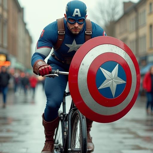 Captain America riding a bicycle while holding a shield. Superhero costume with a shield. Dynamic pose in a busy urban setting.