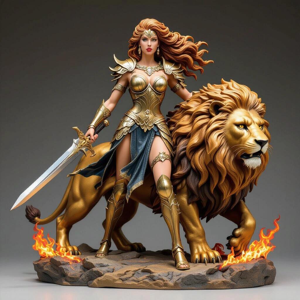 Resin sculpture presents a goddess on a giant lion. She symbolizes Leo's power. Long golden hair like a mane. Armor has claw-like and mane-inspired details. Legs partially exposed elegantly. Large sword held down, showing dominance. Fierce and proud expression. Lion poised on two legs, eyes bright, mane like fire. Connected to a rocky base with solar symbols. Heroic pose with epic feeling. Detailed, suitable for 3D printing.