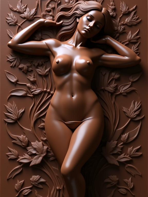 Intricate chocolate sculpture of a nude woman. Highly detailed confectionary creation showcasing chocolate as art medium. Beautiful and stunning composition. Magical and evocative.