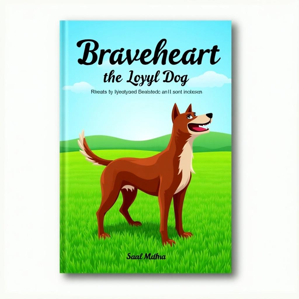 The book cover titled 'Braveheart the Loyal Dog' showcases a charming illustration of a brown dog. The dog stands confidently in a vibrant green grassy field. The title text is bold and playful above the image. The overall feel of the cover is inviting and cheerful, aimed at young readers. Bright colors dominate the design, creating a joyful mood. It suggests themes of loyalty and adventure, perfect for a children's story about a pet. The background is simple yet effective, focusing the viewer's attention on the main character.