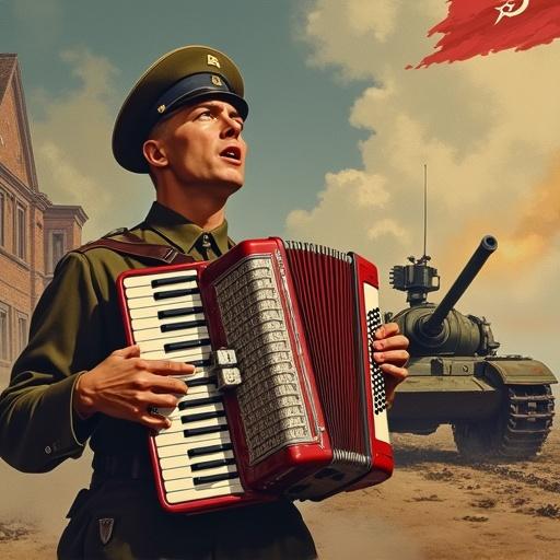 A Soviet-style poster depicting a soldier playing accordion while singing. Background features a destroyed building and explosions. A T-34 tank displays a red star.