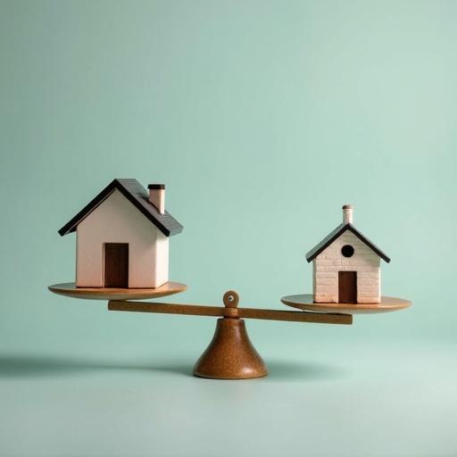 Scales with a larger real estate house on the left and a smaller bank on the right. The house outweighs the bank.