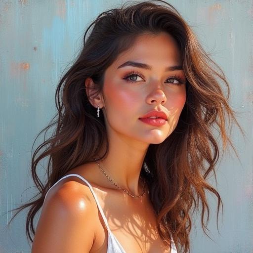 Impressionism painting style with visible brush strokes and canvas texture. Subject prominently featured with clear facial detail and stylish hair.