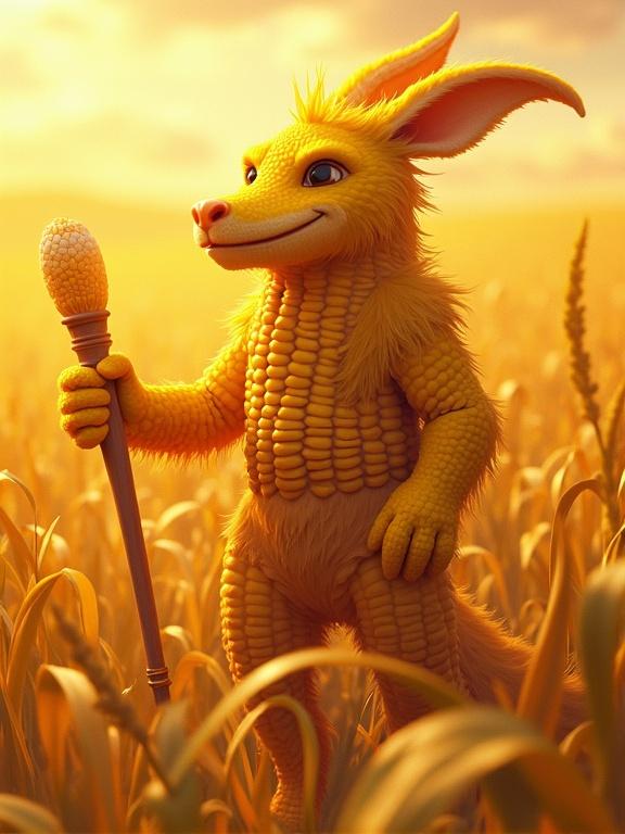 Anthropomorphic character resembling corn warrior stands in a cornfield. Character is golden and furry, adorned with corn kernels. Holds a corn staff. Style resembles Pixar and anime, featuring vibrant colors and painterly effects.