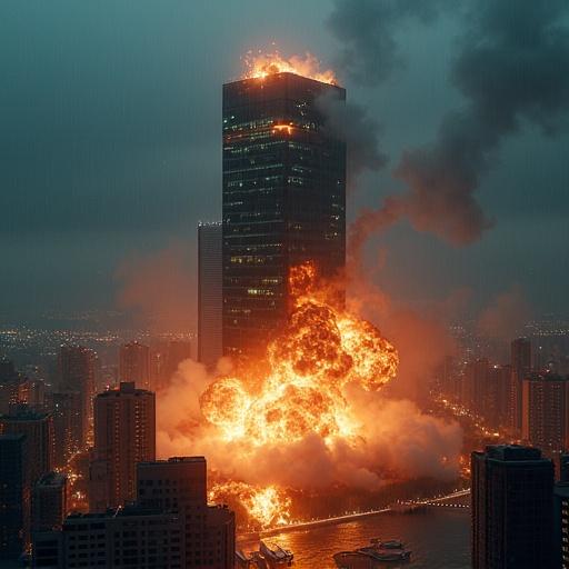 A cyberpunk mega corporation headquarters engulfed in an explosion during the night. Heavy rain visible in the scene. The building is dramatically blowing up against a dark sky filled with smoke and flames.