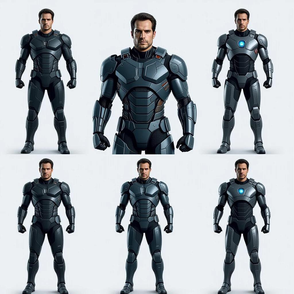 Multiple images depict a man being transformed into a cyborg super soldier. Each image shows progressive steps of the transformation. Armor becomes more intricate and robotic with each step.