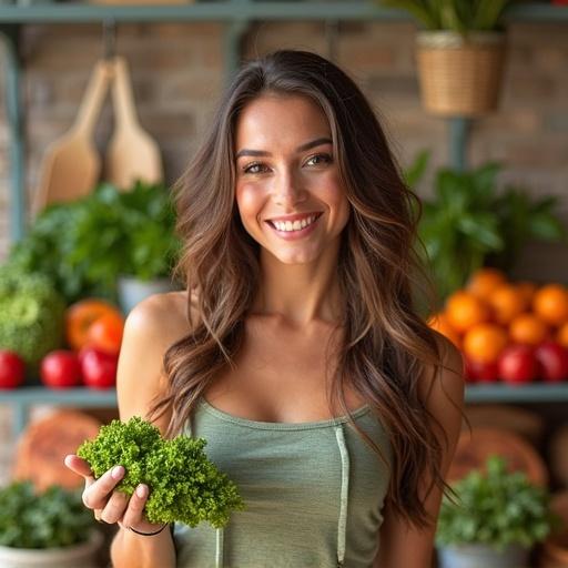 Catchy stunning thumbnail for a healthy diet vlog featuring a woman with fresh greens in a vibrant kitchen environment