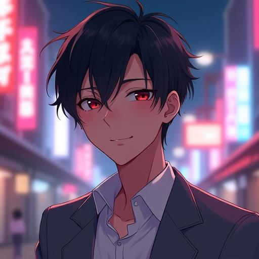 A young male anime character is shown from the mid-chest up. He is central in the frame and slightly angled. Character has short, tousled dark hair. He appears late teens or early twenties with a pleasant smile. His striking red eyes and light skin tone stand out. Outfit includes a gray collared business jacket over a white shirt. The background shows blurred neon lights, suggesting a busy city. The atmosphere is youthful and elegant, highlighting beauty and details.