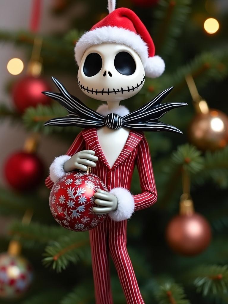 Jack Skellington in a Santa outfit. Holding a festive ornament. Background of a Christmas tree.