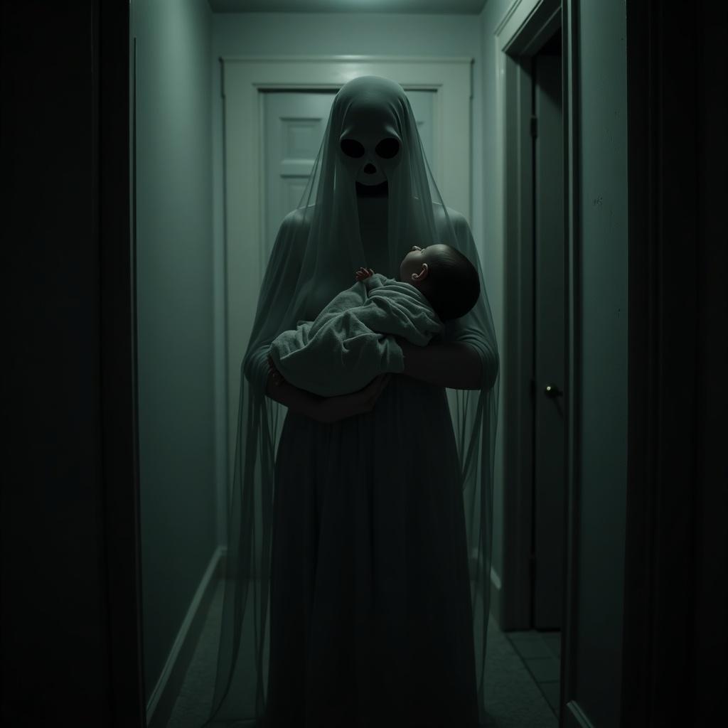 The image depicts a spooky scene in a dimly lit hallway. A ghostly figure, dressed in a flowing white gown with a veil, holds a baby close to her chest. The figure has haunting black eyes, creating an unsettling presence. The dim lighting casts eerie shadows along the hallway, enhancing the feeling of dread. The contrast between the ghost and the dark environment amplifies the tension in the scene. This unsettling setup evokes fear and curiosity, inviting viewers into a supernatural narrative.